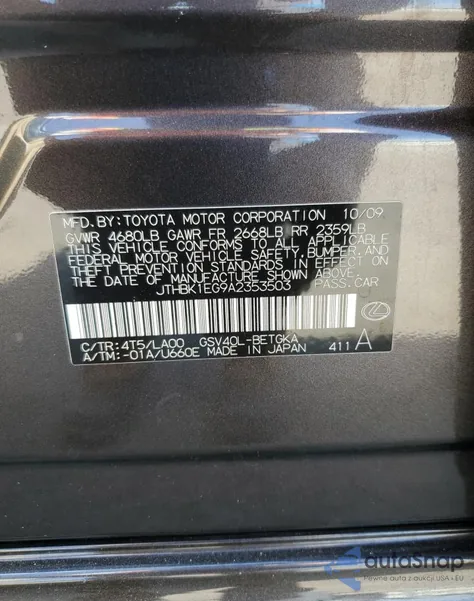 2010 Lexus Es 350 z USA, uszkodzony, nr VIN JTHBK1EG9A2353503